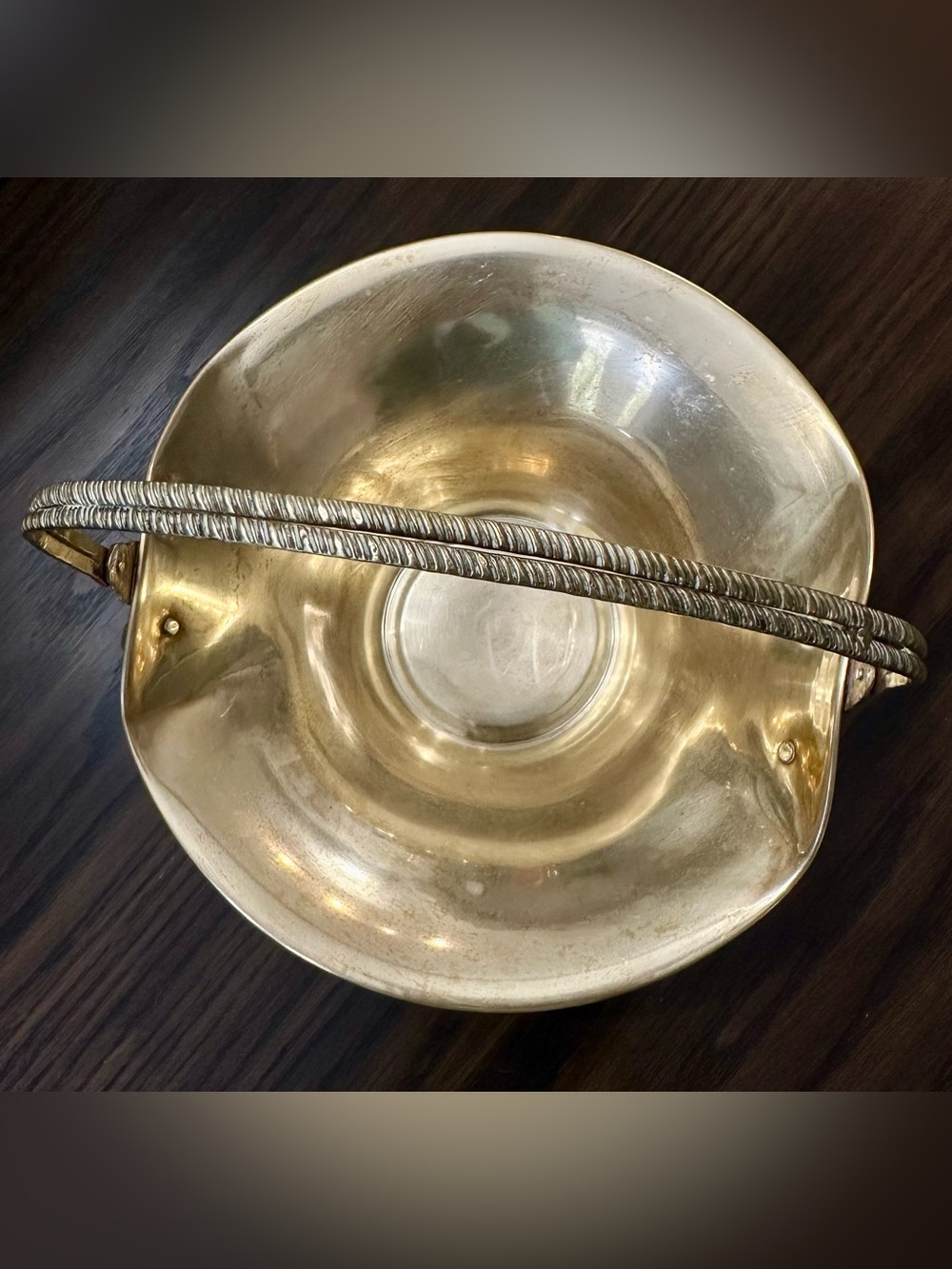 Vintage (1980s) Brass Serving Basket with Decorative Handle/Grape And Leaf Motif